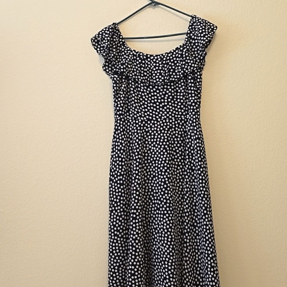 Betsey Johnson black & white polkadot ruffle flounce fit and flare dress size 6